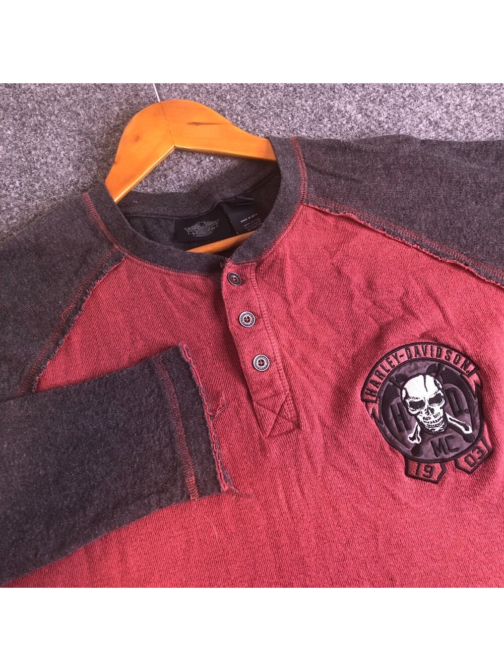 Harley Davidson Henley Shirt Mens 2XL Black Red Long Sleeve Embroidered Skull